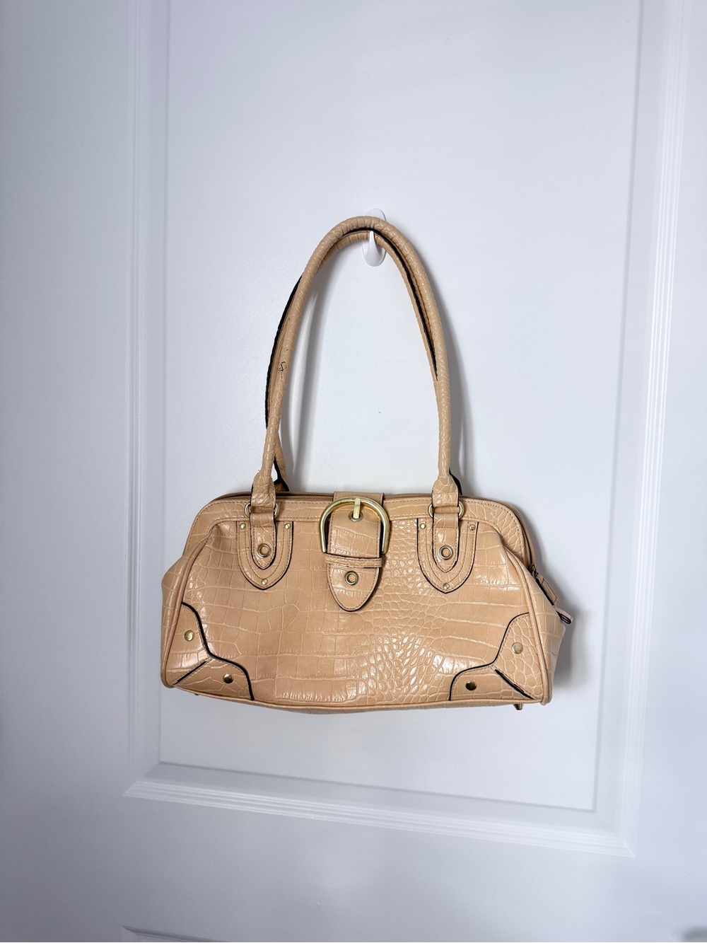 Neutral Croc-Embossed Satchel Handbag - Beige
